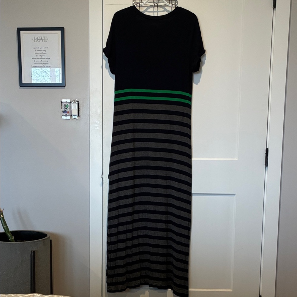 Black Blue and Gray Striped Maxi Dress with Green Accent. Side slits    B16